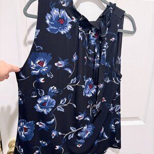 White House Black Market Navy Floral Tie-Neck Sleeveless Blouse
